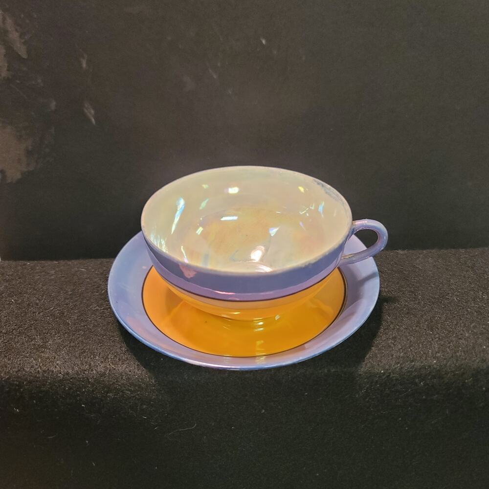 Takito Golden Orange Blue Lusterware Vintage Japanese Teacup and Saucer